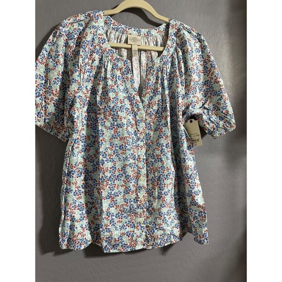 St. Johns Bay Womens Floral Button-Front Blouse Short Sleeve Lightweight Size L - Picture 1 of 8